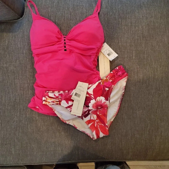 Gottex Tutti Frutti Pink V-Neck Tankini Ruched bikini Bottoms 2 Piece Swimsuit - Picture 8 of 16